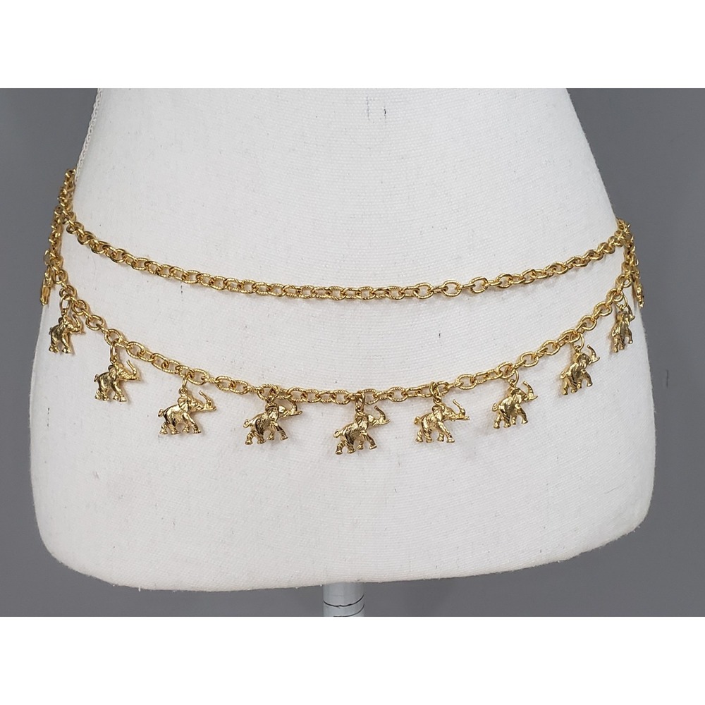 VINTAGE 80s Elephant Safari Gold Tone Chain Link Waist Belt HIPPIE FESTIVAL BOHO